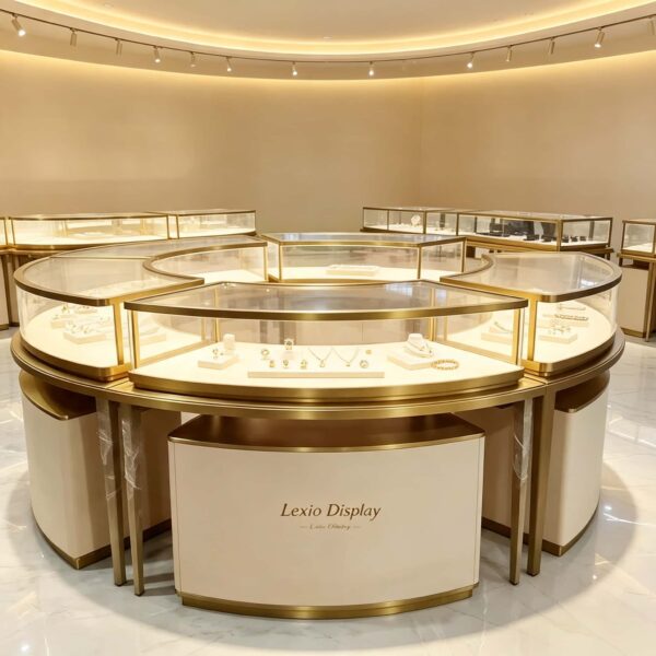 Modular Circular Curved Jewelry Display Showcase with Storage Base | Luxury Gold Freestanding Island Display Counter for High-End Retail Jewelry Stores
