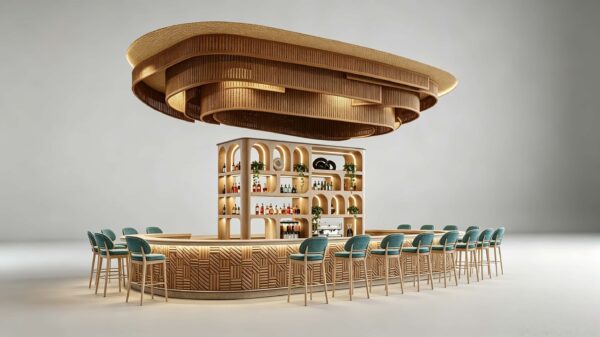 custom shop bar counter-3d design-lexio display (10) natural rattan woven oval bar counter with central arched wine rack and suspended ceiling canopy for resort hotel beach club