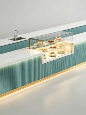 custom shop bar counter-3d design-lexio display (13) mint green fluted u-shaped bakery service counter with integrated glass pastry display case for modern cake shop