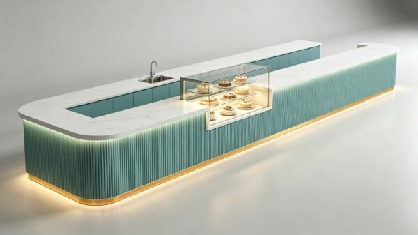 custom shop bar counter-3d design-lexio display (13) mint green fluted u-shaped bakery service counter with integrated glass pastry display case for modern cake shop