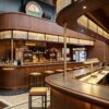 retro walnut wood curved craft beer bar counter with suspended light canopy for brewpub and gastropub