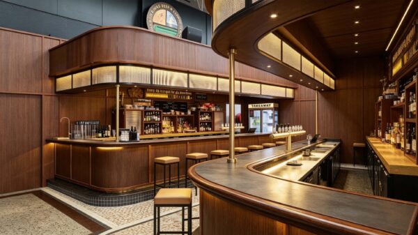 retro walnut wood curved craft beer bar counter with suspended light canopy for brewpub and gastropub