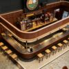 retro walnut wood curved craft beer bar counter with suspended light canopy for brewpub and gastropub
