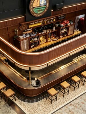 custom shop bar counter-3d design-lexio display (15) retro walnut wood curved craft beer bar counter with suspended light canopy for brewpub and gastropub