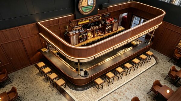 retro walnut wood curved craft beer bar counter with suspended light canopy for brewpub and gastropub