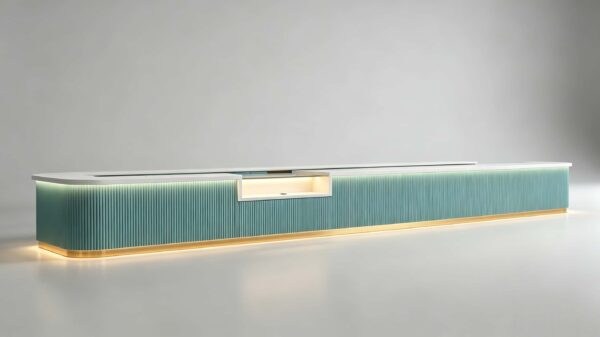 custom shop bar counter-3d design-lexio display (16) mint green fluted u-shaped bakery service counter with integrated glass pastry display case for modern cake shop