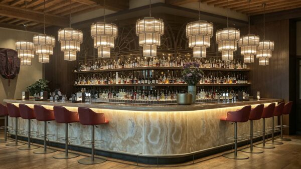 vintage curved onyx stone bar counter with arched metal wine rack for retro restaurant and whiskey lounge