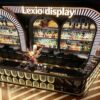 art deco illuminated curved bar counter with oval backlit panels and arched wine shelving for cocktail lounge speakeasy