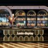 art deco illuminated curved bar counter with oval backlit panels and arched wine shelving for cocktail lounge speakeasy