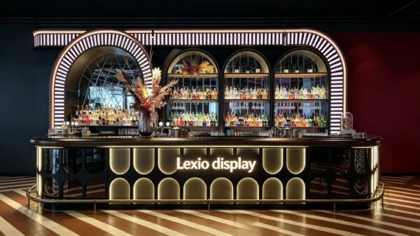 art deco illuminated curved bar counter with oval backlit panels and arched wine shelving for cocktail lounge speakeasy