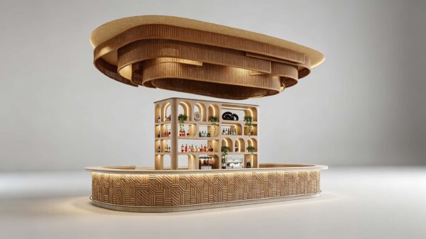 custom shop bar counter-3d design-lexio display (21) natural rattan woven oval bar counter with central arched wine rack and suspended ceiling canopy for resort hotel beach club