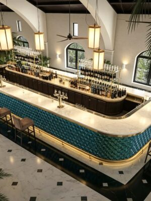 custom shop bar counter-3d design-lexio display (22) Luxury Curved Hotel Bar Counter | Mediterranean Style Restaurant Back Bar Furniture