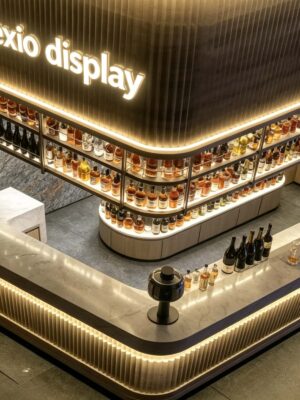 custom shop bar counter-3d design-lexio display (24) modern luxury fluted bar counter with back wall wine rack dark marble top for hotel restaurant lounge