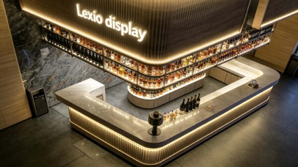 custom shop bar counter-3d design-lexio display (24) modern luxury fluted bar counter with back wall wine rack dark marble top for hotel restaurant lounge