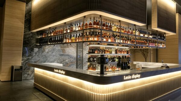 custom shop bar counter-3d design-lexio display (27) modern luxury fluted bar counter with back wall wine rack dark marble top for hotel restaurant lounge