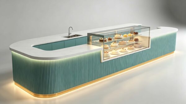custom shop bar counter-3d design-lexio display (28) mint green fluted u-shaped bakery service counter with integrated glass pastry display case for modern cake shop