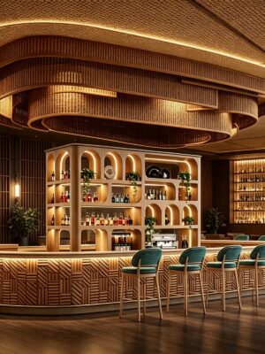 custom shop bar counter-3d design-lexio display (30) natural rattan woven oval bar counter with central arched wine rack and suspended ceiling canopy for resort hotel beach club