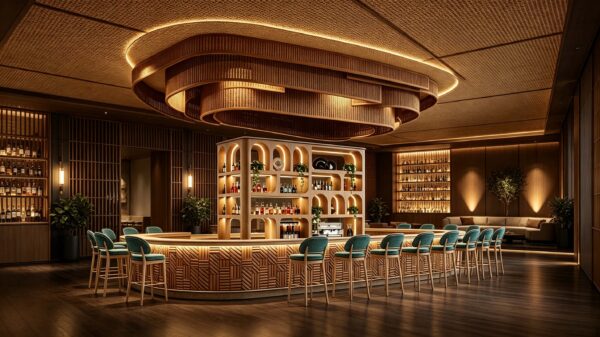 custom shop bar counter-3d design-lexio display (30) natural rattan woven oval bar counter with central arched wine rack and suspended ceiling canopy for resort hotel beach club