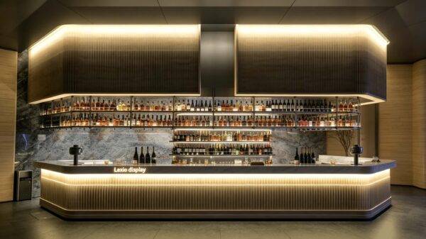 custom shop bar counter-3d design-lexio display (31) modern luxury fluted bar counter with back wall wine rack dark marble top for hotel restaurant lounge