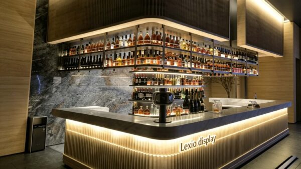 custom shop bar counter-3d design-lexio display (4) modern luxury fluted bar counter with back wall wine rack dark marble top for hotel restaurant lounge