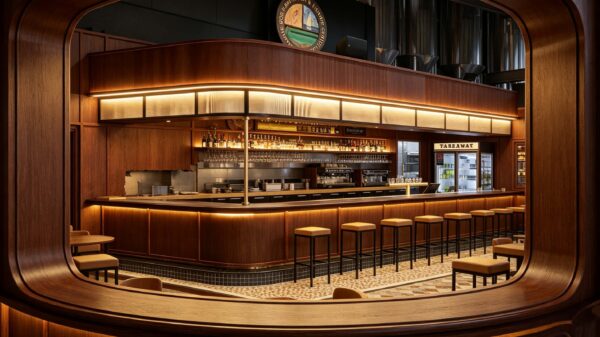 retro walnut wood curved craft beer bar counter with suspended light canopy for brewpub and gastropub