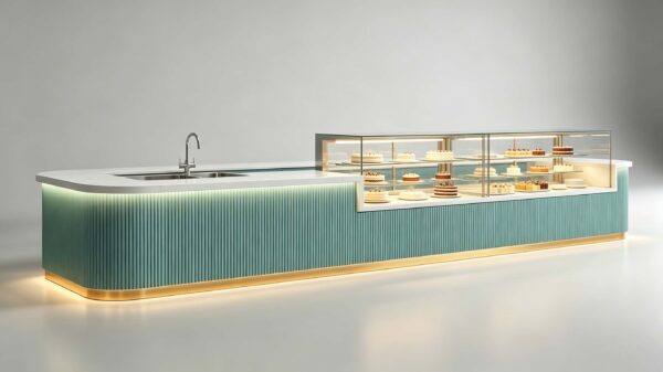 custom shop bar counter-3d design-lexio display (9) mint green fluted u-shaped bakery service counter with integrated glass pastry display case for modern cake shop