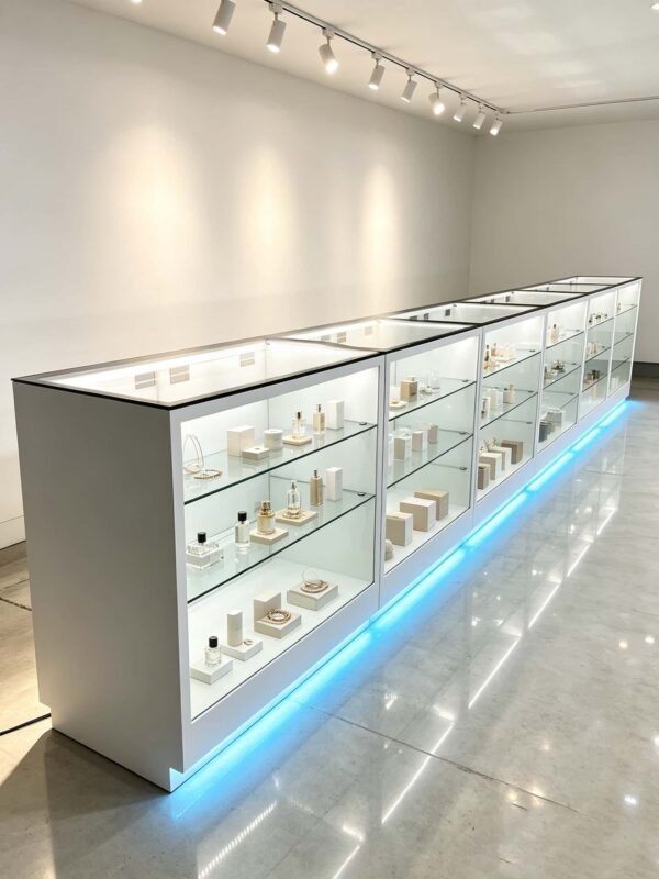 White Display Counter Long Combined Vitrine Showcase With Base Glass Shelves For Cell phone Shop