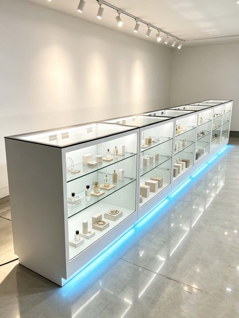 White Display Counter Long Combined Vitrine Showcase With Base Glass Shelves For Cell phone Shop