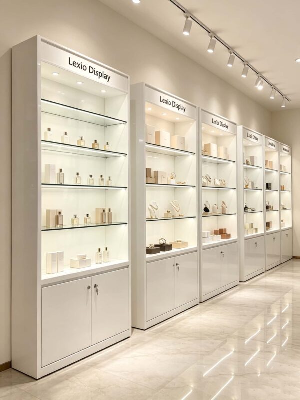 Minimalist White Optical Eyewear Electronic Display Cabinet | Sliding Glass Vitrine Showcase For Optics Store