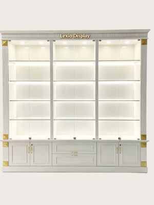 White Carved Jewelry Watch Display Wall Cabinet | Luxury Showcase With Gold Corner Decoration For Jewelry Shop