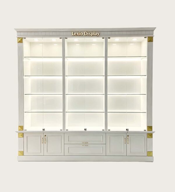 White Carved Jewelry Watch Display Wall Cabinet | Luxury Showcase With Gold Corner Decoration For Jewelry Shop