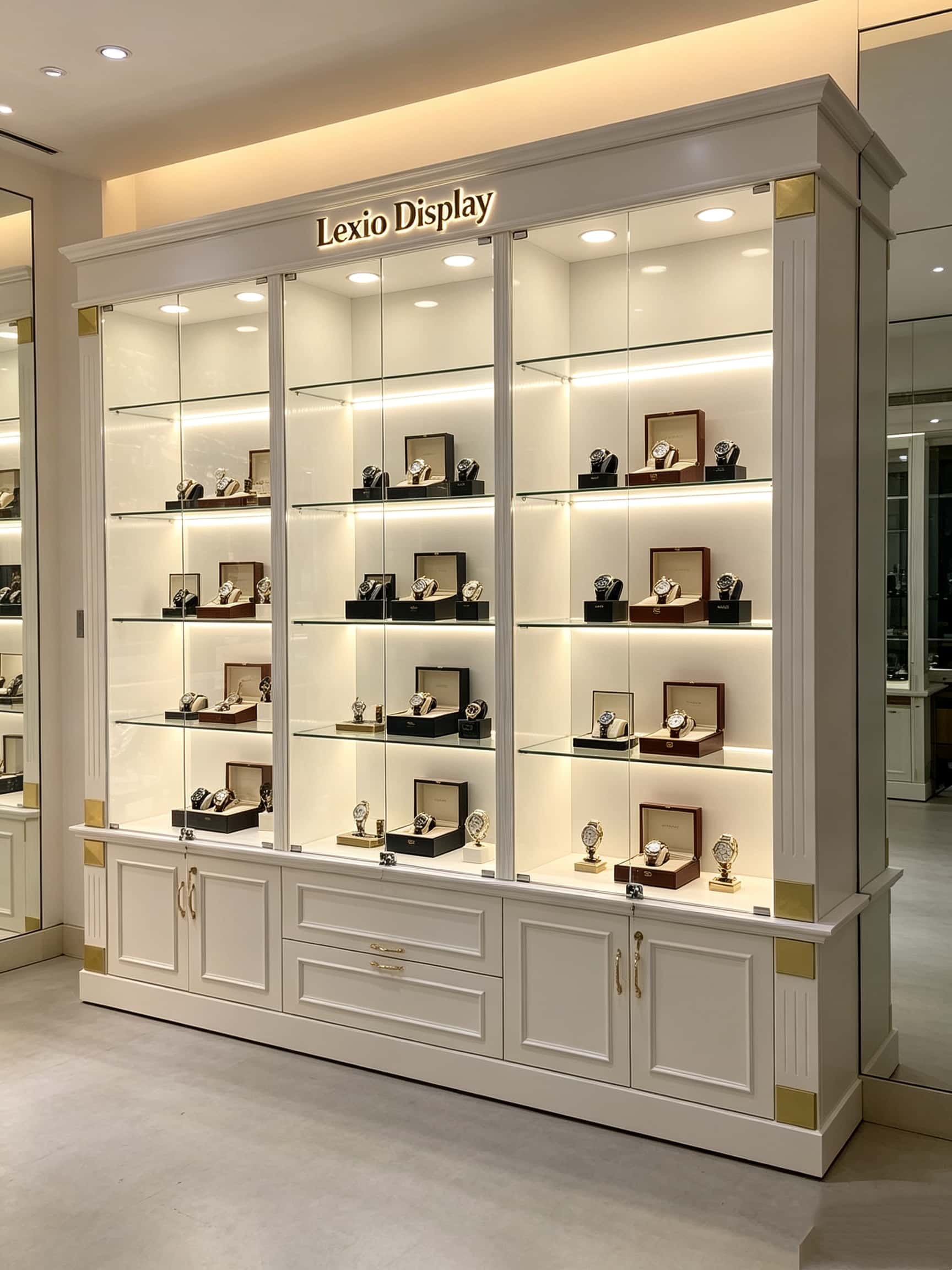 White Carved Jewelry Watch Display Wall Cabinet | Luxury Showcase With Gold Corner Decoration For Jewelry Shop