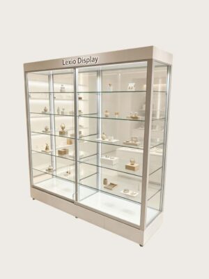 White Glass Jewelry Display Cabinet | Freestanding Eyewear Showcase With Adjustable Glass Shelves For Shop