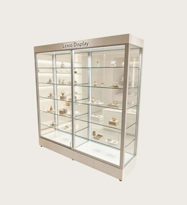 display shelf (16) White Glass Jewelry Display Cabinet | Freestanding Eyewear Showcase With Adjustable Glass Shelves For Shop