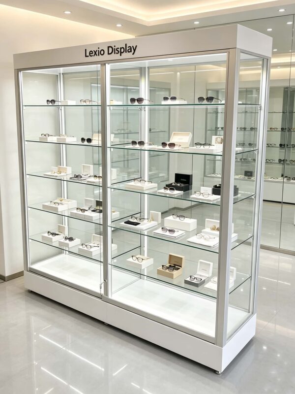 display shelf (17) White Glass Jewelry Display Cabinet | Freestanding Eyewear Showcase With Adjustable Glass Shelves For Shop