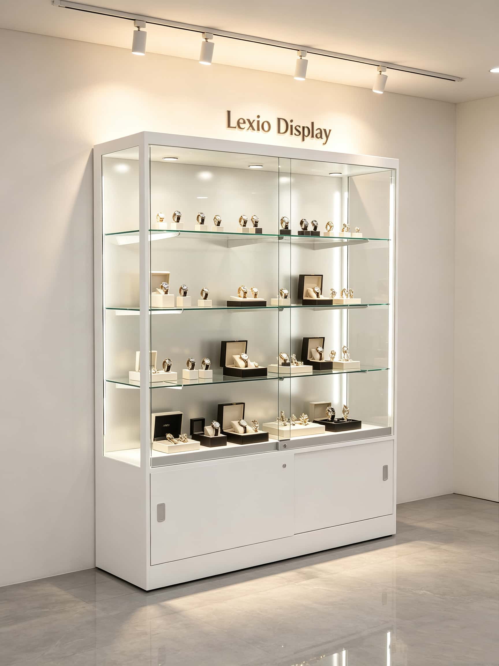 Custom White Sliding Glass Watch Display Cabinet | Lockable Luxury Jewelry Showcase With Top Logo