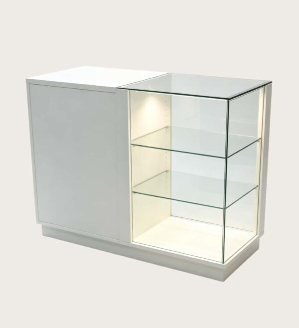display shelf (20) Custom Smoke Shop White Display Counter | Half Glass Open Showcase With LED Lighting
