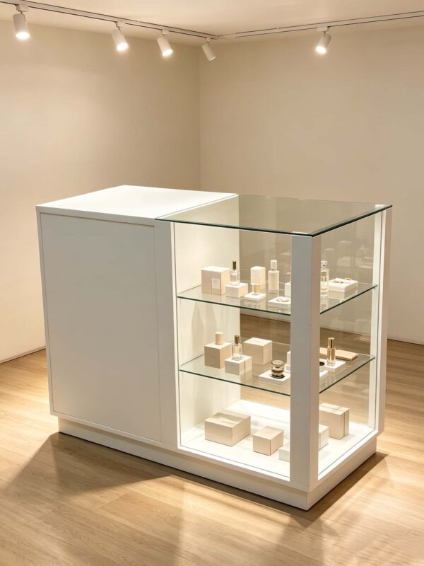 display shelf (21) Custom Smoke Shop White Display Counter | Half Glass Open Showcase With LED Lighting
