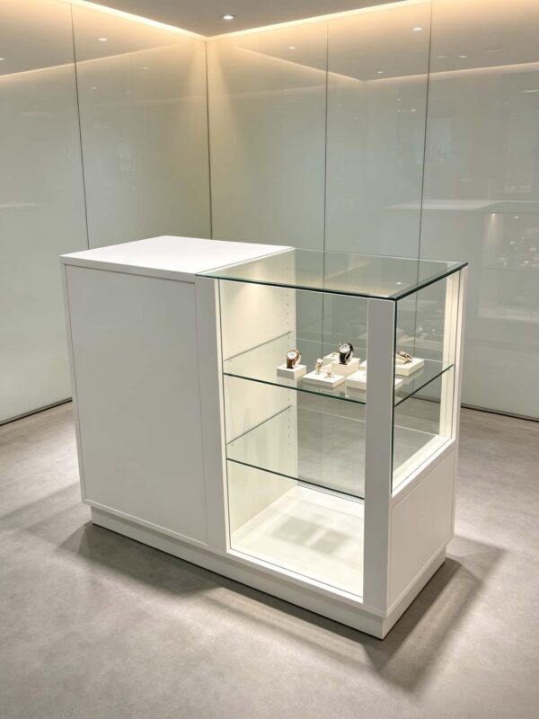 display shelf (22) Custom Smoke Shop White Display Counter | Half Glass Open Showcase With LED Lighting
