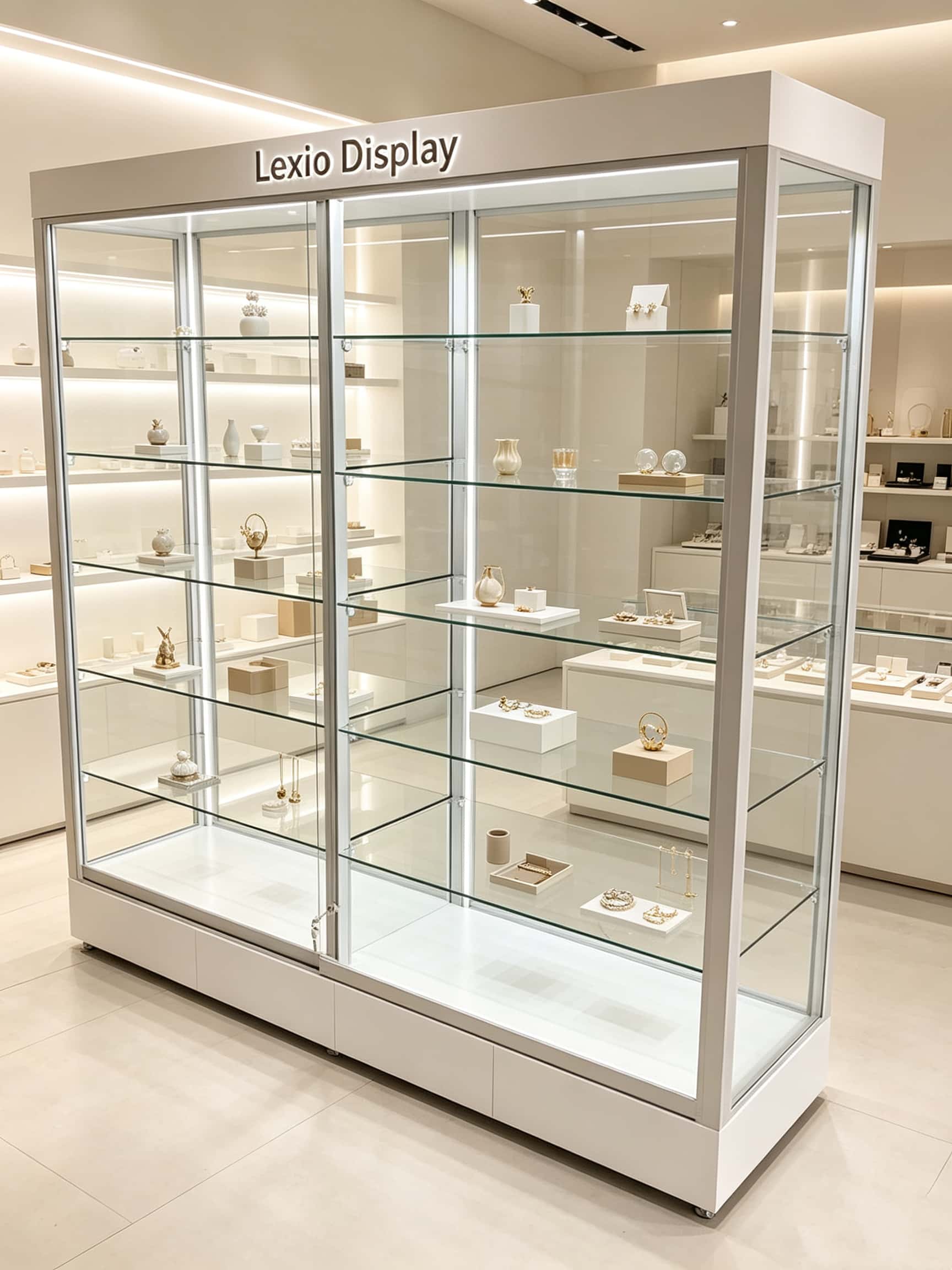 White Glass Jewelry Display Cabinet | Freestanding Eyewear Showcase With Adjustable Glass Shelves For Shop