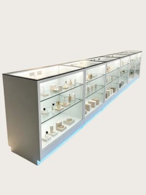 display shelf (5) White Display Counter Long Combined Vitrine Showcase With Base Glass Shelves For Cell phone Shop