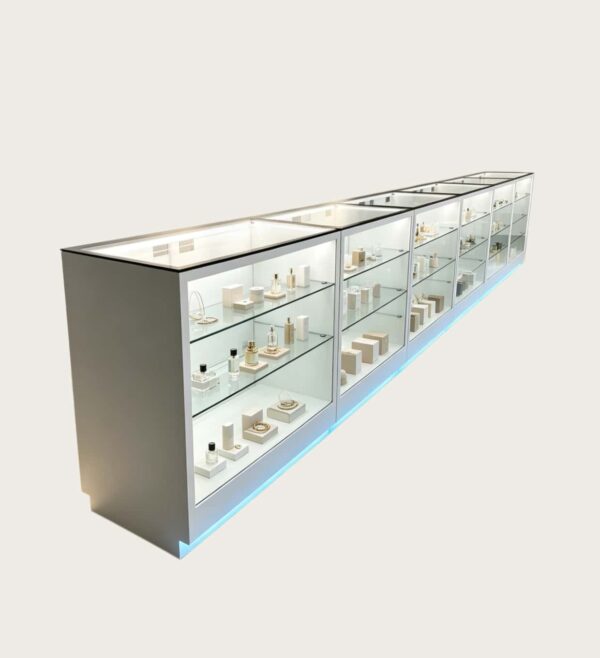 White Display Counter Long Combined Vitrine Showcase With Base Glass Shelves For Cell phone Shop