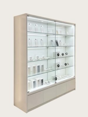 Minimalist White Optical Eyewear Electronic Display Cabinet | Sliding Glass Vitrine Showcase For Optics Store