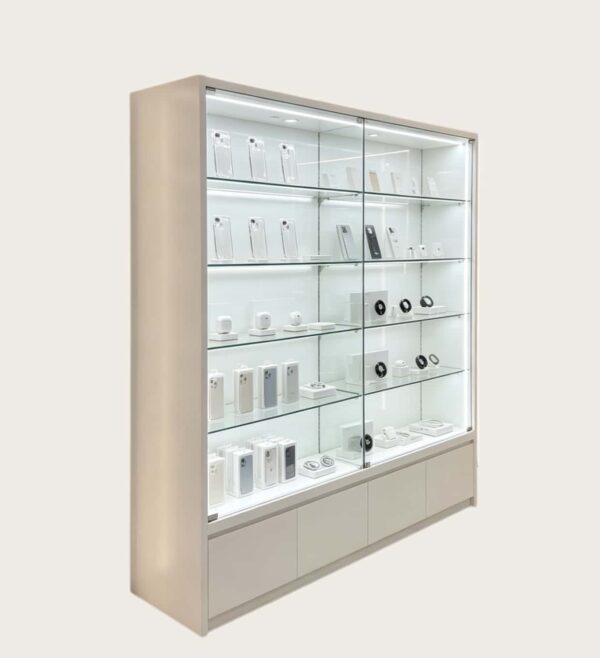 Minimalist White Optical Eyewear Electronic Display Cabinet | Sliding Glass Vitrine Showcase For Optics Store