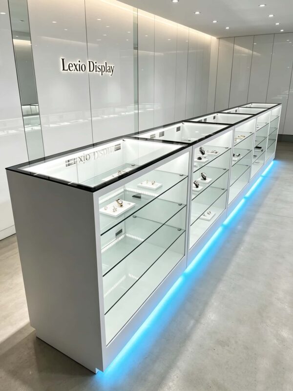 White Display Counter Long Combined Vitrine Showcase With Base Glass Shelves For Cell phone Shop