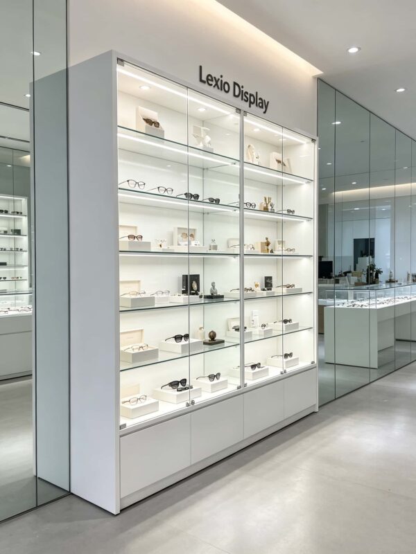 Minimalist White Optical Eyewear Electronic Display Cabinet | Sliding Glass Vitrine Showcase For Optics Store