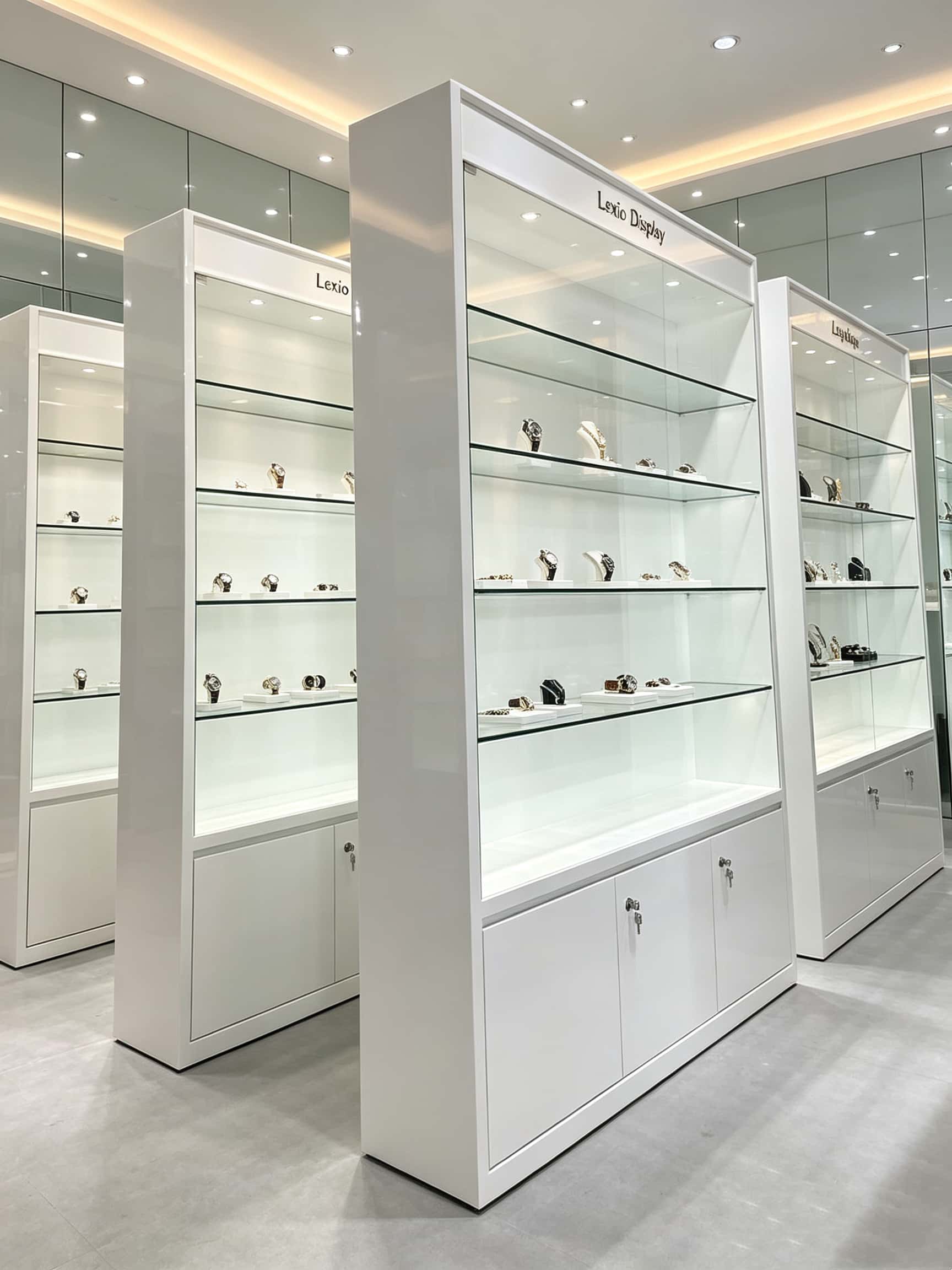 Minimalist White Optical Eyewear Electronic Display Cabinet | Sliding Glass Vitrine Showcase For Optics Store
