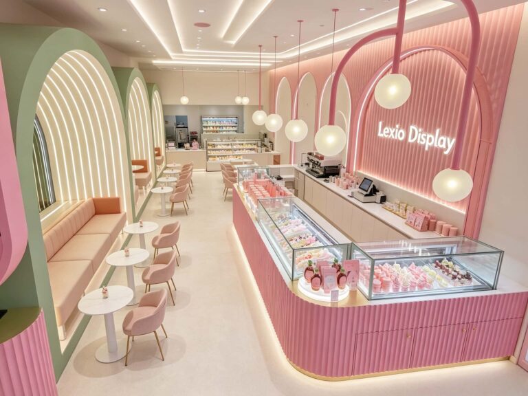 Pink Fluted Counters and Arched Seating that Work