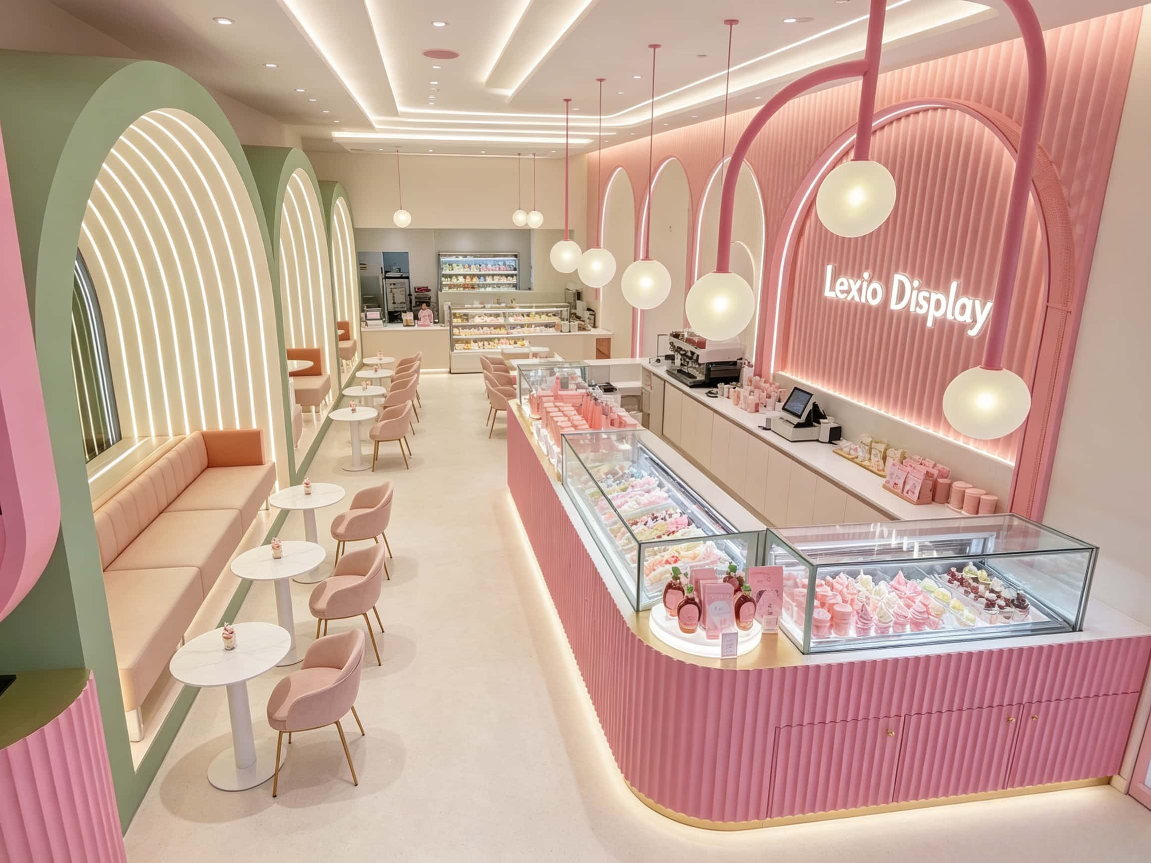 Pink Fluted Counters and Arched Seating that Work