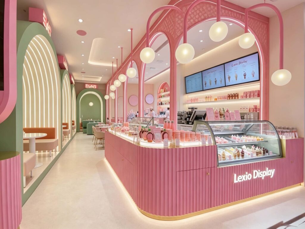 Pink Fluted Counters and Arched Seating that Work